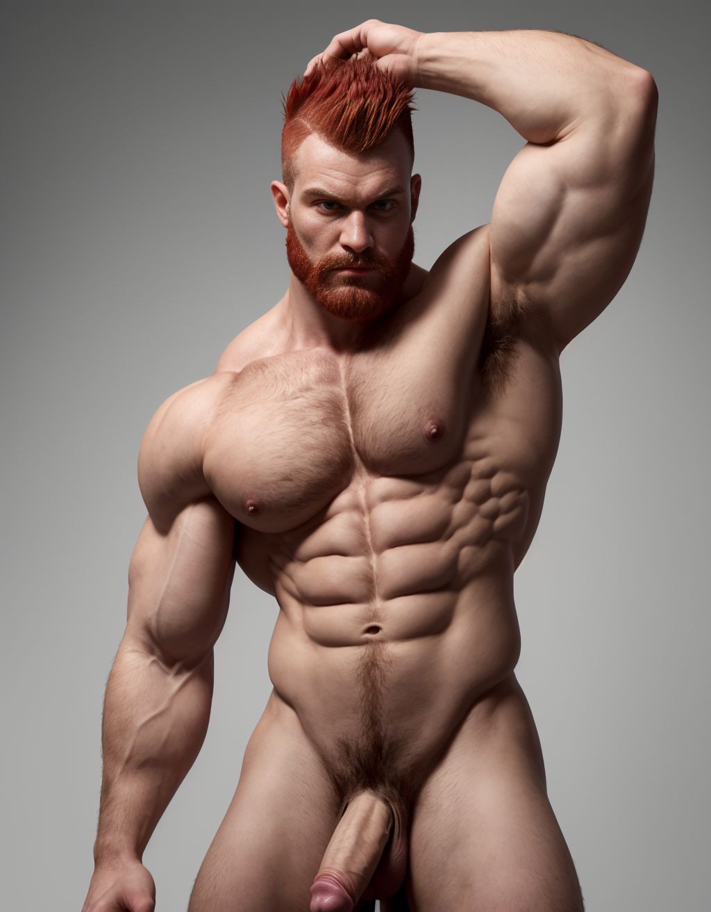 Hombre caucásico de 1,9 metros, piel clara, cabello con corte mohicano rojizo lacio, barba incipiente, expresión de desprecio, vello corporal rojizo, sixpack visible, pene y testículos visibles, manos detrás de la cabeza, trapecios y deltoides marcados, fondo gris degradado. Músculos desarrollados, hombros prominentes, solo un pene visible. En la imagen se lo ve de pies a cabeza