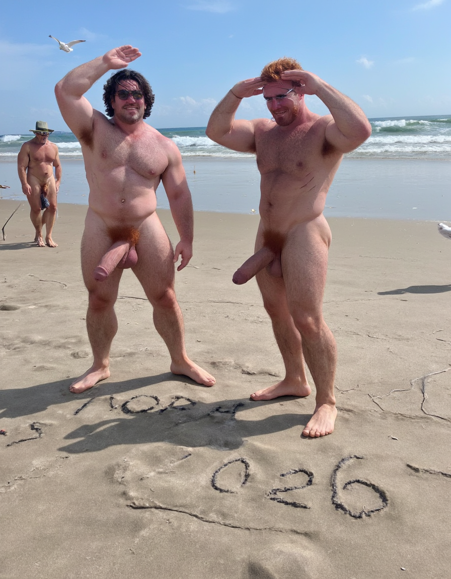 Día de Año Nuevo 2026. Dos hombres llamados Juan y Pedro, tienen los pies descalzados pero están totalmente desnudos. 

Juan es un hombre de 50 años de edad, muy atlético y tiene sus músculos muy definidos y es muy peludo, está totalmente desnudo, tiene un pene largo erecto de 36cm de longitud y 9cm de diámetro, tiene cabello negro largo ondulado y desordenado, tiene mucho vello pectoral, tiene piernas masculinas con abundante vello, tiene brazos peludos,  su cara tiene forma cuadrada tiene mentón prominente con hoyuelo muy pronunciado y muy masculino, su barba está bien afeitada y su cara está muy limpia resaltando sus facciones masculinas. 

Pedro es un hombre de 58 años de edad con músculos marcados sin grasa, está totalmente desnudo, tiene un pene largo de 39 cm de longitud y 9 cm de diámetro, tiene cabello pelirrojo rizado abundante y largo de color rojo, tiene abundante vello pelirrojo pectoral de color rojo oscuro en abundancia, tiene piernas masculinas con mucho vello, tiene brazos peludos y muy masculinos. Pedro tiene presencia atlética y es muy peludo, mucho pelo por todo su cuerpo. 

Pedro está con el esfínter del culo abierto. Juan mete su pene por el esfínter del culo de Pedro ((Imagen de alta definición, imagen calidad 4K, UHD)). Dentro del culo de Pedro está a medio meter el pene de Juan. ((Juan tiene su pene dentro del culo de Pedro)). Sexo anal duro y apasionado. Pedro está con el esfínter del culo abierto. Juan mete su pene por el esfínter del culo de Pedro ((Imagen de alta definición, imagen calidad 4K, UHD)). Dentro del culo de Pedro está a medio meter el pene de Juan. Juan tiene su pene dentro del culo de Pedro. Sexo anal duro y apasionado. ((Penetración)) penes erectos. 

Pedro y Juan enseñan sus músculos muy marcados y bien definidos, están de pie en la arena de la playa con olas azules y con el Sol reflejándose sobre el agua del mar mientras vuelan dos gaviotas. En la arena de la playa está trazado el texto: 