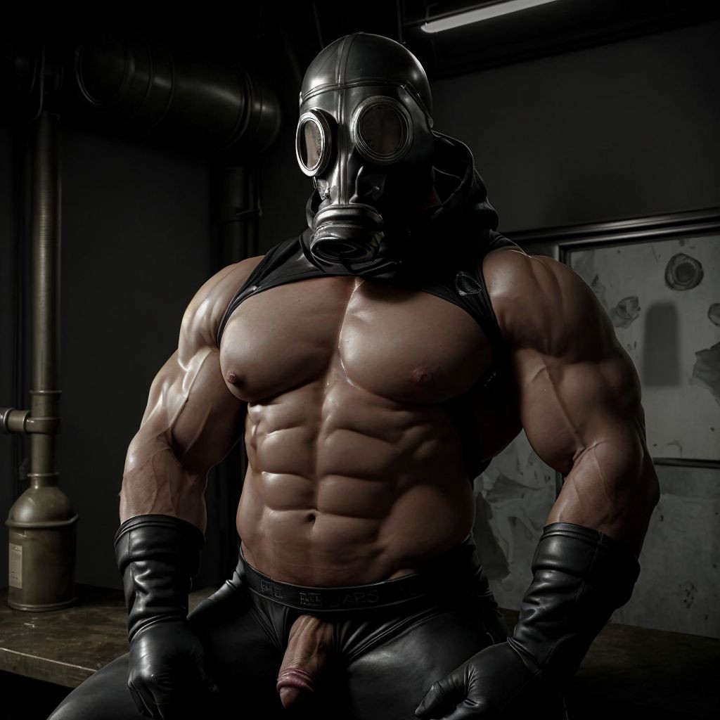 Un hombre de musculatura definida, con el pene visible, lleva una máscara de gas que le otorga un aire enigmático y provocativo. Se encuentra en un entorno industrial, donde las luces tenues resaltan los contornos de su cuerpo musculoso. La atmósfera es intensa, cargada de deseo y tensión, sugiriendo una mezcla de peligro y seducción, con sombras que juegan a su alrededor, acentuando su figura imponente y la energía palpable del lugar.
