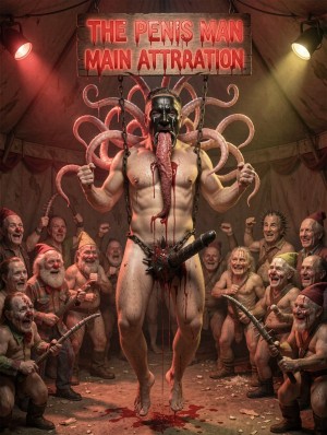 Un personaje circense desnudo y musculoso ocupa el centro de una carpa decadente, presentado como atracción grotesca bajo un letrero luminoso rojo que dice “THE PENIS MAN MAIN ATTRACTION”. Lleva una máscara metálica oscura, cadenas en las manos y una larga lengua o apéndice fálico ensangrentado que cae desde la boca hasta la entrepierna, donde un arnés negro cubre parcialmente el pene. Detrás de él se despliegan tentáculos rosados como una aureola monstruosa. Alrededor, un público eufórico de hombres ríe, grita y señala con bastones, entre luces teatrales rojas y amarillas, confeti, manchas de sangre y una atmósfera de espectáculo de feria macabro.