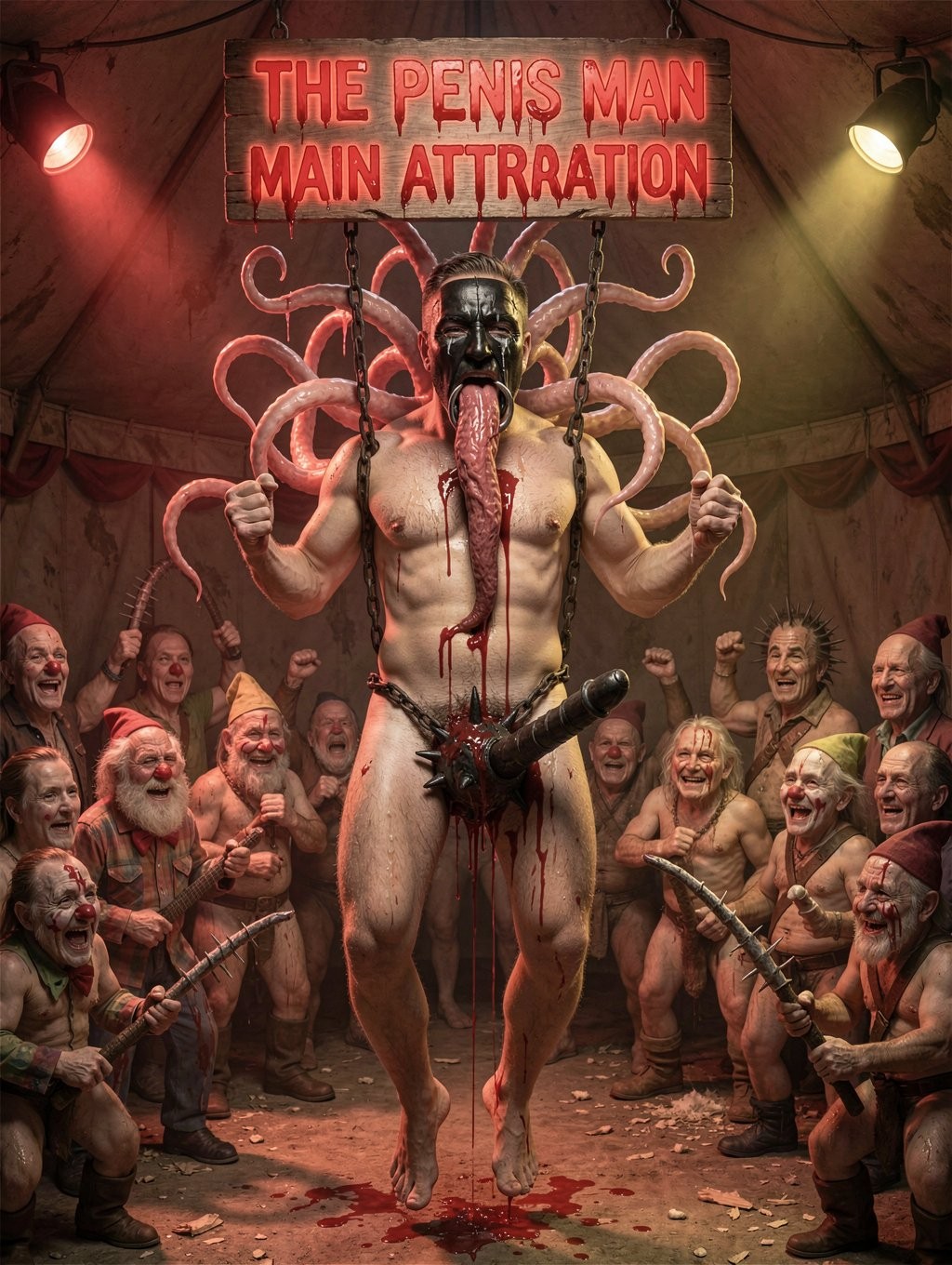 Un personaje circense desnudo y musculoso ocupa el centro de una carpa decadente, presentado como atracción grotesca bajo un letrero luminoso rojo que dice “THE PENIS MAN MAIN ATTRACTION”. Lleva una máscara metálica oscura, cadenas en las manos y una larga lengua o apéndice fálico ensangrentado que cae desde la boca hasta la entrepierna, donde un arnés negro cubre parcialmente el pene. Detrás de él se despliegan tentáculos rosados como una aureola monstruosa. Alrededor, un público eufórico de hombres ríe, grita y señala con bastones, entre luces teatrales rojas y amarillas, confeti, manchas de sangre y una atmósfera de espectáculo de feria macabro.