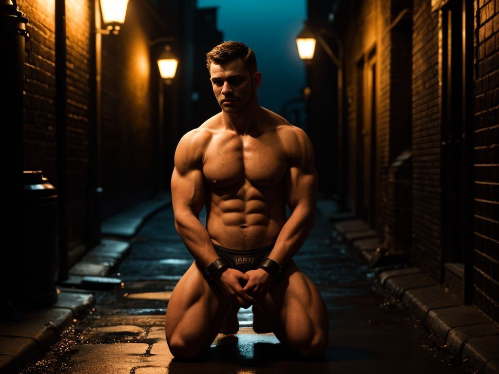 Hombre sumiso en BDSM de rodillas, desnudo, bajo una farola en un callejón oscuro y Ahúmedo de noche, con grilletes en muñecas y tobillos, mirada sumisa, cuerpo musculoso, sombras profundas, iluminación tenue, ropa interior rota y desgarrada, ambiente sensual y dominante.