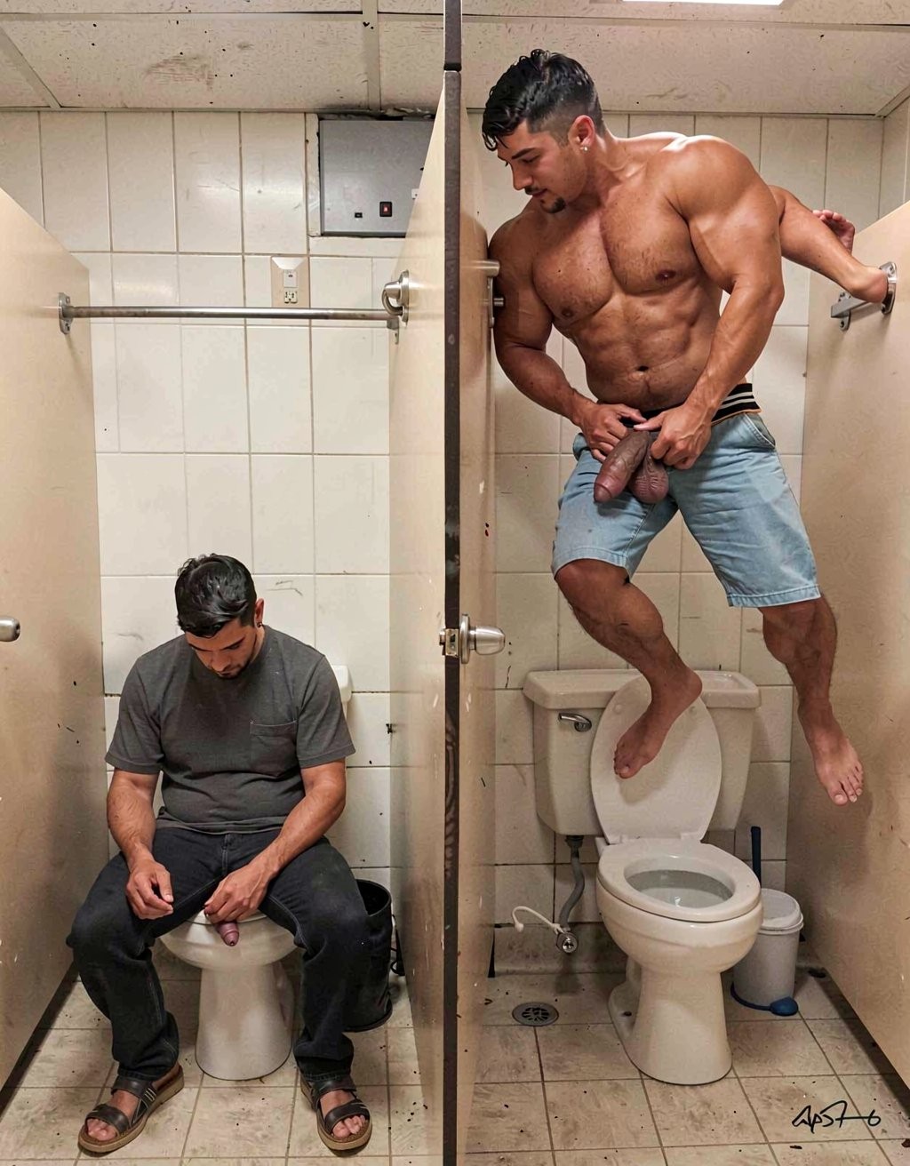 Two men in a public bathroom with white tiles occupy adjacent stalls separated by a panel: on the left, a man wearing a gray T-shirt, dark pants, and sandals is sitting on the toilet looking down, while on the right a very muscular man, barefoot and with open denim shorts, leans on the toilet bowl and the divider, bending toward the other stall. The man on the right has a bare torso, defined abs, a tense posture, and displays his penis with his hands, creating an explicit and provocative sexual scene inside a restroom with metal doors, a stained floor, a visible cistern, trash bins, and grab bars.