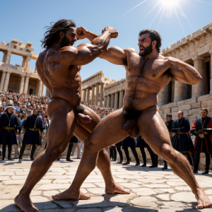 Harmodio y Aristogitón están desnudos. Tienen grandes testículos muy velludos. Luchan en la plaza medieval de Atenas. Se golpean con sus grandes penes. Son musculosos y están delgados y bronceados. Tienen mucho vello por todo el cuerpo. Aristogitón rechaza a Harmodio. ⛓️ 🪵 🍾 🥂 🥃 
