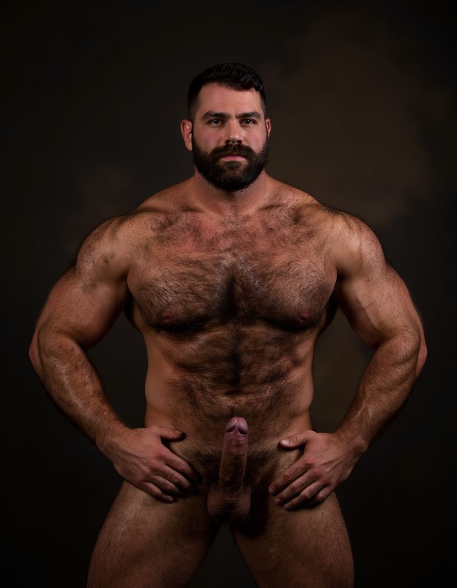 Arturo. Arturo es hombre caucásico de 35 años, rostro ovalado, barba corta y recortada de color castaño oscuro, cabello corto castaño oscuro ligeramente despeinado hacia un lado, cejas pobladas y rectas, ojos oscuros de mirada intensa y penetrante directa a cámara, nariz recta de tamaño medio, labios finos parcialmente ocultos por la barba, piel clara con ligero tono rosado, mandíbula cincelada y cuello ancho con tendones tensos, complexión de culturista fibroso extremadamente seco y triturado con nivel de competición, porcentaje de grasa corporal inferior al cinco por ciento, torso completamente desnudo, pectorales enormes esculpidos con estriaciones profundas visibles en cada contracción y separación brutal entre ambos músculos con surco profundo entre ellos, pezones oscuros rodeados de vello espeso castaño oscuro, alfombra densa de pelo en el pecho desde las clavículas hasta el abdomen formando un trail grueso descendiendo por el ombligo, abdominales de ocho bloques tallados en piedra con separaciones tan profundas que generan sombras propias cubiertos de vello corporal abundante, oblicuos cortados como navajas con venas cruzándolos, serratos marcados individualmente como dedos bajo la piel, brazos masivos fibrosos con bíceps con pico pronunciado y vena cefálica gruesa como un cable serpenteando desde el hombro hasta la muñeca, tríceps con las tres cabezas estriadas visibles, deltoides redondos con separación clara entre las tres cabezas cubiertos de vello, antebrazos secos con cada tendón visible bajo pelo oscuro, axilas pobladas con pelo espeso, dorsales anchos como alas desplegadas, trapecios gruesos subiendo hasta las orejas, polla completamente erecta de treinta y cinco centímetros de longitud y ocho centímetros de diámetro apuntando hacia arriba con venas enormes gruesas y retorcidas recorriendo todo el tronco desde la base hasta el glande, glande enorme hinchado rojo oscuro brillante de líquido preseminal completamente descubierto del prepucio, tronco del pene grueso y desproporcionado respecto al cuerpo, testículos enormes pesados y llenos colgando bajos en un escroto cubierto de vello oscuro, pubis con mata espesa de pelo castaño oscuro sin recortar, muslos enormes fibrosos con cuádriceps estriados con separación de lágrima marcada y femorales con cuerdas musculares visibles cubiertos de vello denso oscuro, gemelos con forma de diamante duros y estriados cubiertos de pelo, expresión de dominancia sexual absoluta con mandíbula apretada, sudor recorriendo cada surco muscular resaltando la definición extrema, postura erguida de macho alfa con hombros echados hacia atrás y pelvis ligeramente adelantada exhibiendo la polla, iluminación cálida lateral dramática con sombras duras que acentúan cada estriación y cada vena, fondo oscuro neutro, fotografía hiperrealista de cuerpo entero en plano frontal, estilo retrato masculino crudo sin filtros alta resolución. Antes de crear esta imagen repite la lectura de este texto tres veces, antes de crear la imagen. No distorsiones y NO DEFORMACIONES.