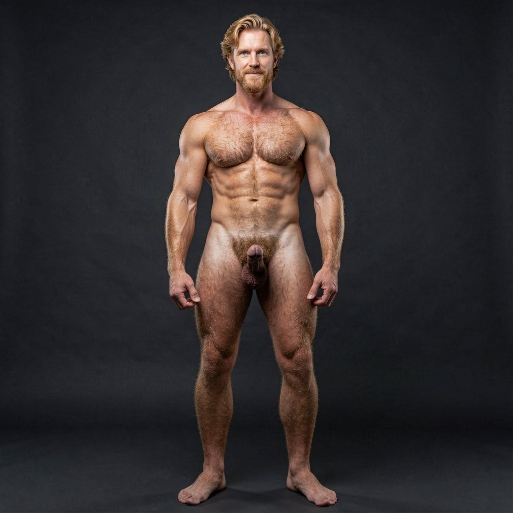 A full-body frontal photograph of Aaron Eckhart standing completely naked from the tips of his bare feet to the top of his head, positioned confidently in the center of the frame against a deep anthracite gray matte background, a dark charcoal tone that feels almost black in the shadows but still distinctly cool and sophisticated. Dramatic cinematic studio lighting comes from slightly above and to the left at a 45-degree angle, creating sharp, sculpted highlights that define every muscle, while a soft, neutral fill light from the right gently lifts the shadows and a subtle rim light from behind traces a clean edge along his shoulders, arms and the curve of his glutes, giving him perfect separation and three-dimensional depth against the dark anthracite backdrop.

He is 30 years old, 1.83 m tall, 75 kg with 6% body fat, displaying an extremely sharp athletic V-taper: wide shoulders, thick heavily muscled chest covered in dense swirling golden-dark blond hair that concentrates around the nipples and forms a thick central trail down his sternum, narrow waist with clearly visible abs, thick veiny neck, powerful hairy arms and strong developed legs covered in the same rich golden-blond body hair. His face is strikingly angular and masculine, with a wide square jaw, prominent chin with deep dimple, high cheekbones with sharp malar grooves, calm intense blue eyes looking directly at the camera, and short wavy golden-blond hair casually styled. His expression is quietly confident with a subtle warm smile.

Between his muscular thighs hangs his heavy 20 cm circumcised cock with 18 cm girth, the thick shaft widening noticeably in the middle before ending in a large prominent glans with a sharply defined corona and visible urethra. A dense, curly, abundant golden-dark blond pubic bush surrounds the base and rises in a thick diamond trail from his navel. His large low-hanging testicles rest heavily in a darker wrinkled scrotum with fine golden hair, the right one hanging visibly lower than the left.

The refined lighting perfectly accentuates the rich contrast between his tanned skin, the dense texture of his golden body hair across chest, arms, legs and pubis, and the smoother lighter skin of his cock and scrotum, all set against the sophisticated dark anthracite gray background. Hyper-realistic photographic style, razor-sharp detail from feet to head, cinematic high-contrast lighting with maximum depth and elegant, moody atmosphere.