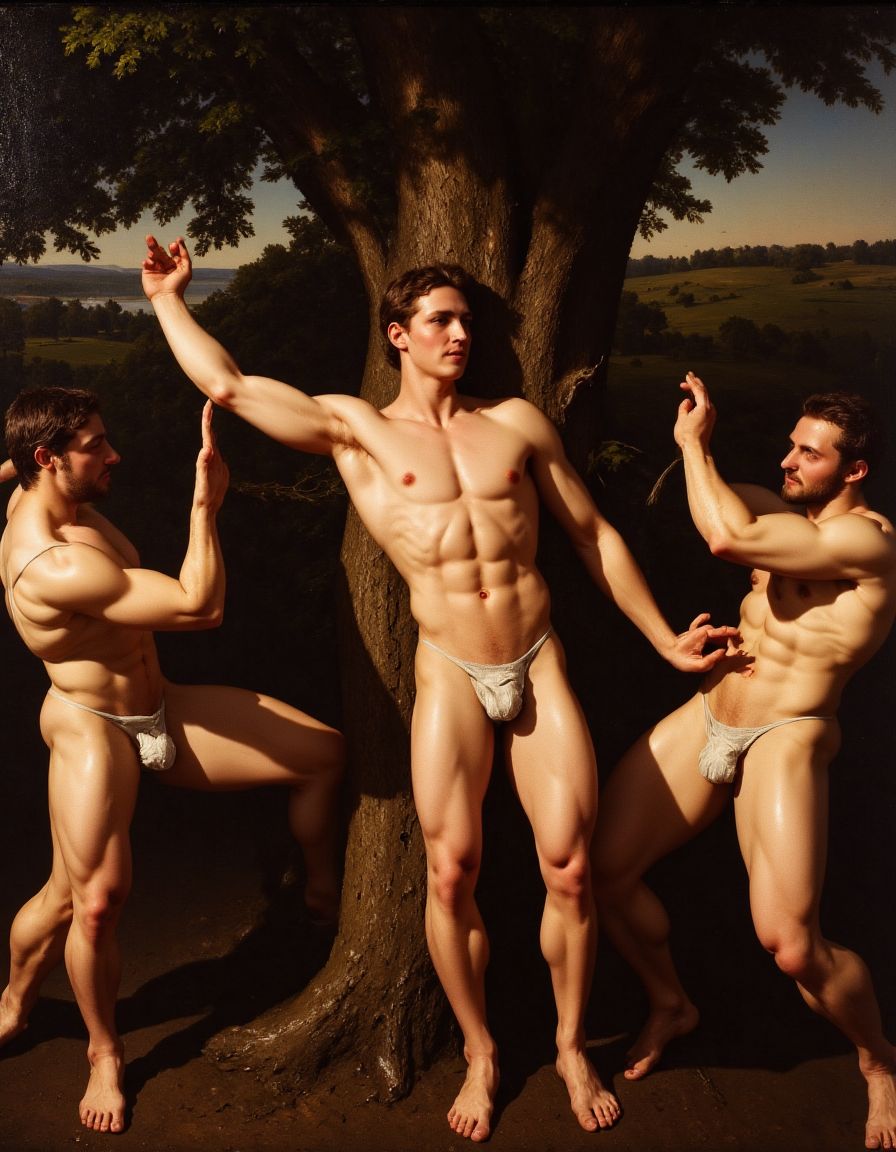 Pintura al óleo basado en el martirio de San Sebastian de Guido Reni. El modelo está atado a un arbol, desnudo, exhibiendo un cuerpo extremadamente musculoso y es ajusticiado por hombres que se hallan a ambos lados. 