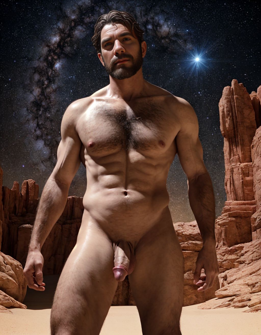 Miguel Ángel fue pintor, escultor y arquitecto renacentista, uno de los mayores artistas de la historia. Está totalmente desnudo con pene grande y testículos grandes. Tiene mucho vello en el pecho brazos y piernas. Foto muy realista texturas 8k. Rodeados de estrellas y pinturas de colores y sol reluciente que ilumina la cara y todo el cuerpo.