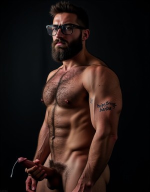 Fotografía hiperrealista de un hombre adulto musculoso a la vista desde las rodillas para arriba hasta la cabeza, rostro masculino idéntico a la imagen de referencia totalmente desnudo con polla erecta de treinta centímetros de longitud y ocho centímetros de diámetro, tiene rasgos marcados duros expresivos, barba densa poblada tupida oscura estilo hipster cubriendo completamente mandíbula mentón mejillas con grosor uniforme textura abundante muy definida, bigote denso tupido oscuro conectado perfectamente con la barba completa cubriendo completamente el labio superior, pelo oscuro medio peinado completamente recto hacia arriba con volumen considerable estilo hipster moderno quiff puntas verticales texturizadas hacia el cielo con altura prominente, cejas gruesas oscuras pobladas muy marcadas definidas, gafas de montura completa negra cuadradas grandes estilo hipster moderno sobre el puente de la nariz enmarcando unos ojos oscuros intensos que miran directamente a cámara con expresión seria penetrante confiada, expresión facial seria masculina sin sonrisa con mirada directa desafiante, pómulos marcados definidos angulares, nariz recta proporcionada, labios medios apenas visibles completamente cubiertos por bigote denso que conecta con la barba hipster completa, torso desnudo muy musculoso con pectorales enormes desarrollados y definidos y velludos peludos, hombros anchos musculosos deltoide prominentes, brazos musculosos gruesos con bíceps y tríceps marcados visibles a ambos lados del cuerpo, abdomen tonificado marcado visible desde la cintura, piel con textura realista detallada poros imperfecciones sutiles, vello corporal denso oscuro abundante cubriendo pectorales abdomen brazos hombros con textura natural masculina muy visible, tatuaje en tinta negra en el bíceps del brazo derecho con la palabra exacta (("hipsterbarba")) en tipografía negra sans-serif clara legible tatuada sobre la piel del brazo de tamaño mediano visible proporcionado, iluminación dramática lateral direccional que crea contraste alto marcado entre luces brillantes y sombras profundas resaltando la estructura facial angular la barba hipster densa las gafas cuadradas grandes el vello corporal abundante la musculatura del torso los brazos y el tatuaje con la palabra (("hipsterbarba")) en el bíceps derecho, fondo completamente oscuro negro liso uniforme desenfocado sin distracciones, fotografía de alto contraste con grano fotográfico sutil visible estilo retrato hipster masculino fitness, enfoque nítido absoluto perfecto en el rostro especialmente en los ojos detrás de las gafas la barba hipster densa el bigote tupido el pelo vertical el vello corporal el torso musculoso y el tatuaje con la palabra (("hipsterbarba")) en el brazo derecho, encuadre vertical desde la cintura hacia arriba mostrando completamente todo el torso superior los brazos musculosos y la cabeza, calidad fotográfica hiperrealista 8K máxima definición detalle extremo, renderizado cinematográfico fotorrealista profesional. Está totalmente desnudo.