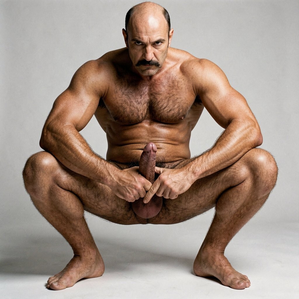 Naked man of muscular and robust build, squatting with his legs spread against a neutral gray studio background, staring directly at the camera with a serious and intense expression. He has a partially bald head, a dark mustache, abundant hair on his chest, abdomen, arms, and legs, and a tense posture that highlights his broad shoulders, defined biceps, and strong torso. His hands hold his penis and testicles at the center of the composition, with his bare feet planted on the floor and soft lighting that defines the skin, body hair, and male anatomy in a direct and explicit way.