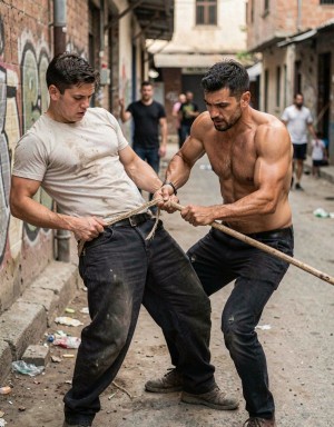 Dos hombres forcejean en un callejón estrecho y deteriorado, con paredes de ladrillo cubiertas de grafitis, basura en el suelo y varios transeúntes desenfocados al fondo. Uno de ellos, musculoso y sin camiseta, lleva pantalones oscuros y sujeta con fuerza un palo largo mientras tira de una cuerda enrollada alrededor de la cintura del otro hombre. El segundo, con camiseta blanca sucia y pantalones negros holgados, se inclina hacia atrás con gesto de tensión, agarrando también la cuerda como si intentara resistirse. La escena transmite una pelea física intensa, entrenamiento callejero o enfrentamiento improvisado, con un ambiente urbano áspero, realista y cargado de esfuerzo, sudor y tensión corporal.