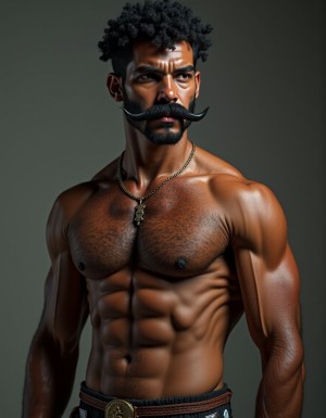 PEDRO de cuerpo entero 8K de hombre mediterráneo muy masculino y muy delgado pero musculoso está de pie, textura de piel natural híper realista, cara geométrica brutal con mandíbula cuadrada pesada, pómulos altos anchos, barbilla prominente con hoyuelo, ojos oscuros marrones profundos hundidos con cejas gruesas densas, nariz grande puente ancho recto forma griega, bigote morsa negro denso espeso cayendo en extremos cubriendo labio superior completamente, pelo negro rizado voluminoso desordenado, cuello grueso de toro con nuez prominente, pecho ancho cubierto vello negro rizado denso, pectorales voluminosos definidos con surco central profundo, cadena dorada colgando en surco pectoral, pezones oscuros marrón rojizo areolas anchas, abdominales six-pack marcados, vello corporal abundante formando trail oscuro vertical desde pecho hasta entrepierna, brazos musculosos gruesos con venas marcadas deltoides prominentes bíceps grandes tríceps herradura cubiertos vello negro, manos grandes dedos gruesos nudillos prominentes pelo dorso manos, piernas musculosas cuádriceps voluminosos muslos gruesos cubiertos vello negro denso rodillas huesudas pantorrillas gemelos forma diamante, pies grandes anchos pelo empeine, polla erecta treinta centímetros gruesa ocho centímetros diámetro color marrón oscuro curvada arriba venas dorsales marcadas prepucio largo glande ancho rojizo apuntando hacia arriba, huevos grandes colgando bajos escroto oscuro arrugado tamaño huevos gallina XL, piel aceitunada bronceada mediterránea, iluminación natural realista, fotorrealista, híper detallado, desnudo completo. Los pies están desnudos. Polla erecta dura hacia arriba. Las pantorrillas están a la vista y son muy peludas.
