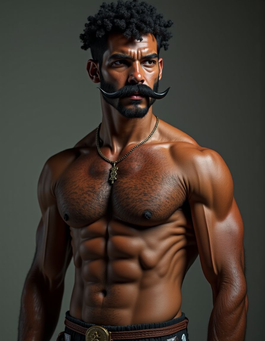 PEDRO de cuerpo entero 8K de hombre mediterráneo muy masculino y muy delgado pero musculoso está de pie, textura de piel natural híper realista, cara geométrica brutal con mandíbula cuadrada pesada, pómulos altos anchos, barbilla prominente con hoyuelo, ojos oscuros marrones profundos hundidos con cejas gruesas densas, nariz grande puente ancho recto forma griega, bigote morsa negro denso espeso cayendo en extremos cubriendo labio superior completamente, pelo negro rizado voluminoso desordenado, cuello grueso de toro con nuez prominente, pecho ancho cubierto vello negro rizado denso, pectorales voluminosos definidos con surco central profundo, cadena dorada colgando en surco pectoral, pezones oscuros marrón rojizo areolas anchas, abdominales six-pack marcados, vello corporal abundante formando trail oscuro vertical desde pecho hasta entrepierna, brazos musculosos gruesos con venas marcadas deltoides prominentes bíceps grandes tríceps herradura cubiertos vello negro, manos grandes dedos gruesos nudillos prominentes pelo dorso manos, piernas musculosas cuádriceps voluminosos muslos gruesos cubiertos vello negro denso rodillas huesudas pantorrillas gemelos forma diamante, pies grandes anchos pelo empeine, polla erecta treinta centímetros gruesa ocho centímetros diámetro color marrón oscuro curvada arriba venas dorsales marcadas prepucio largo glande ancho rojizo apuntando hacia arriba, huevos grandes colgando bajos escroto oscuro arrugado tamaño huevos gallina XL, piel aceitunada bronceada mediterránea, iluminación natural realista, fotorrealista, híper detallado, desnudo completo. Los pies están desnudos. Polla erecta dura hacia arriba. Las pantorrillas están a la vista y son muy peludas.
