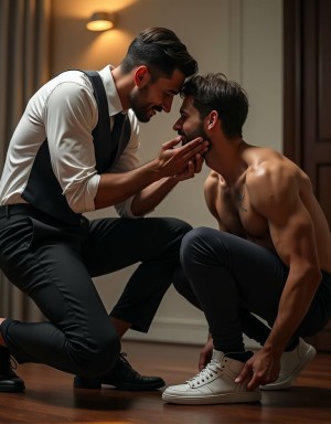 Hiperrealista, iluminación suave y cálida, hombre ejecutivo de 40 años, trajeado con corbata y cabello perfectamente peinado, arrodillado en el suelo de madera oscura, con una expresión de sumisión y admiración, besando las zapatillas deportivas blancas y negras de un joven musculoso de 21 años, sin camiseta, mostrando su torso definido y bronceado, con un tatuaje visible en el bíceps, pantalones deportivos ajustados, sonriendo ligeramente mientras observa al hombre mayor, con un ambiente de intimidad y sensualidad, texturas detalladas y realistas, iluminación suave que resalta la escena, enfoque en la interacción entre los dos personajes, con un toque de erotismo y poder.