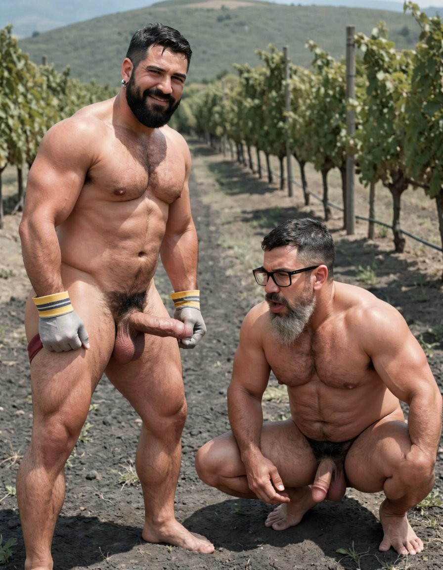 A hyper-realistic, perfectly proportioned full-body vertical photograph captured in harsh direct midday Mediterranean sunlight inside a Santorini vineyard. Black volcanic soil underfoot, neat rows of Assyrtiko vines in the background. Dimitris, 32-year-old Greek vineyard worker, 5% body-fat, competition-level muscularity, stands bent forward at the waist with powerful legs spread wide. He is completely naked except for grey work gloves with yellow and white stripes. With both large gloved hands he firmly pulls his thick, round, muscular glutes apart, fully exposing his dark, wrinkled, hairy asshole surrounded by dense, wet, black curly hair that continues down to his heavy balls. His back is perfectly arched, traps, lats, obliques, glutes and hamstrings violently pumped and vascular, every muscle striation and vein clearly visible under glistening sweat. Thick black body hair covers his entire ass, lower back, legs and balls, matted and shiny. He looks back over his left shoulder with a dominant, arrogant smirk, thick dense black beard, short jet-black hair with sharp faded sides, silver hoop earring in left ear, intense dark eyes. Directly behind him, Hipsterbarba, 45 years old, is kneeling completely naked except for black thick-rimmed glasses. His long salt-and-pepper hipster beard is just inches from Dimitris’ spread hairy hole, mouth slightly open ready to kiss and rim it. Hipsterbarba’s own dry, fibrous, highly vascular 8% body is tensed to the limit: shredded abs, hairy pumped pecs, huge shoulders and arms, every vein popping. His face, glasses, beard and chest are still visibly covered in thick dried cum from the previous load. Both men are covered in realistic sweat beads that catch the brutal sunlight, creating strong specular highlights and deep anatomical shadows on every muscle, strand of wet body hair, and skin texture. Perfect anatomy, no distortion, no deformation, flawless proportions from the dirty bare feet sunk in the black volcanic earth all the way up to the top of their heads. Cinematic razor-sharp photorealistic detail, maximum texture clarity on skin, hair, sweat, cum, gloves and volcanic soil, raw dominant masculine energy.