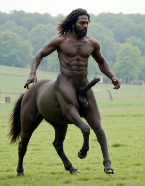 Caballo negro totalmente desnudo cuerpo entero con polla erecta gigante a la vista entre las patas traseras y huevos gordos a la vista entre las patas traseras 🫏, (solo tiene cuatro patas, no distorsión) es un macho viril. Tiene cabeza de hombre con torso peludo musculado y brazos peludos musculosos. Es un centauro masculino. Pelo largo despeinado y movido por el aire. Está corriendo sobre la hierva del prado.