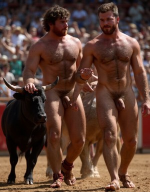 Un torero español musculoso y velludo de 50 años, con torso atlético y marcado, se muestra completamente desnudo, destacando su pene de 30 cm de longitud y 5 cm de grosor, perfectamente formado y rodeado de un denso vello púbico castaño oscuro. Sus testículos, perfectamente formados, cuelgan de forma prominente. La piel bronceada y sudorosa resalta su musculatura definida, con pectorales y abdominales bien marcados y sin grasa. El cabello largo y castaño oscuro está despeinado y sudoroso, con gotas de sudor resbalando por su frente y mejillas. Una barba incipiente y un vello corporal denso que se extiende por su pecho, piernas y brazos completan su apariencia viril. Lleva sandalias marrones en sus pies.

A su lado, un hombre musculoso y velludo de 30 años, completamente desnudo, muestra un pene erecto de 30 cm de longitud y 4 cm de grosor, hermoso y perfecto, rodeado de un denso vello púbico pelirrojo. Su piel bronceada y sudorosa muestra una musculatura definida, con pectorales y abdominales muy marcados. Tiene cabello pelirrojo despeinado y sudoroso. Tiene una barba pelirroja densa pero bien recortada. El vello corporal pelirrojo denso cubre su pecho, y tiene mucho vello pelirrojo en sus piernas y brazos, lo que realza su apariencia masculina y atlética. Están andando en la plaza de toros con un toro

Ambos hombres se encuentran en una plaza de toros, con sombras que resaltan su musculatura y vello corporal, creando un ambiente sensual y cargado de tensión. Están en pleno acto de pasión, con sus penes erectos y testículos prominentes ,destacando su musculatura, vello corporal y atributos viriles en una imagen impactante y llena de energía. La escena está llena de sensualidad y poder, con los dos hombres como protagonistas, en un ambiente cargado de pasión y erotismo. La imagen es híper realista, con detalles de alta calidad, y muestra la unión de los dos hombres en un acto de pasión y dominio, con sus cuerpos musculosos y velludos completamente desnudos y visibles, mostrando su excitación y pasión en cada detalle. Tienen sus penes erectos, desde la uretra del glande del pene eyaculan semen blanco lanzado en abundancia.