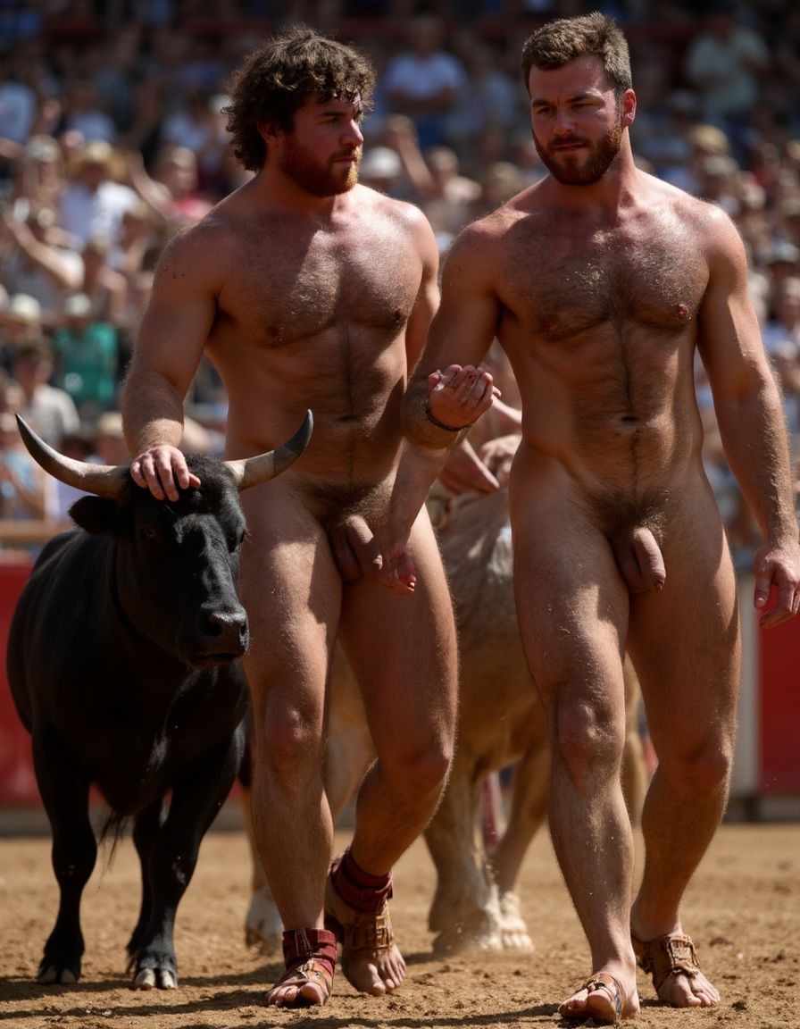 Un torero español musculoso y velludo de 50 años, con torso atlético y marcado, se muestra completamente desnudo, destacando su pene de 30 cm de longitud y 5 cm de grosor, perfectamente formado y rodeado de un denso vello púbico castaño oscuro. Sus testículos, perfectamente formados, cuelgan de forma prominente. La piel bronceada y sudorosa resalta su musculatura definida, con pectorales y abdominales bien marcados y sin grasa. El cabello largo y castaño oscuro está despeinado y sudoroso, con gotas de sudor resbalando por su frente y mejillas. Una barba incipiente y un vello corporal denso que se extiende por su pecho, piernas y brazos completan su apariencia viril. Lleva sandalias marrones en sus pies.

A su lado, un hombre musculoso y velludo de 30 años, completamente desnudo, muestra un pene erecto de 30 cm de longitud y 4 cm de grosor, hermoso y perfecto, rodeado de un denso vello púbico pelirrojo. Su piel bronceada y sudorosa muestra una musculatura definida, con pectorales y abdominales muy marcados. Tiene cabello pelirrojo despeinado y sudoroso. Tiene una barba pelirroja densa pero bien recortada. El vello corporal pelirrojo denso cubre su pecho, y tiene mucho vello pelirrojo en sus piernas y brazos, lo que realza su apariencia masculina y atlética. Están andando en la plaza de toros con un toro

Ambos hombres se encuentran en una plaza de toros, con sombras que resaltan su musculatura y vello corporal, creando un ambiente sensual y cargado de tensión. Están en pleno acto de pasión, con sus penes erectos y testículos prominentes ,destacando su musculatura, vello corporal y atributos viriles en una imagen impactante y llena de energía. La escena está llena de sensualidad y poder, con los dos hombres como protagonistas, en un ambiente cargado de pasión y erotismo. La imagen es híper realista, con detalles de alta calidad, y muestra la unión de los dos hombres en un acto de pasión y dominio, con sus cuerpos musculosos y velludos completamente desnudos y visibles, mostrando su excitación y pasión en cada detalle. Tienen sus penes erectos, desde la uretra del glande del pene eyaculan semen blanco lanzado en abundancia.