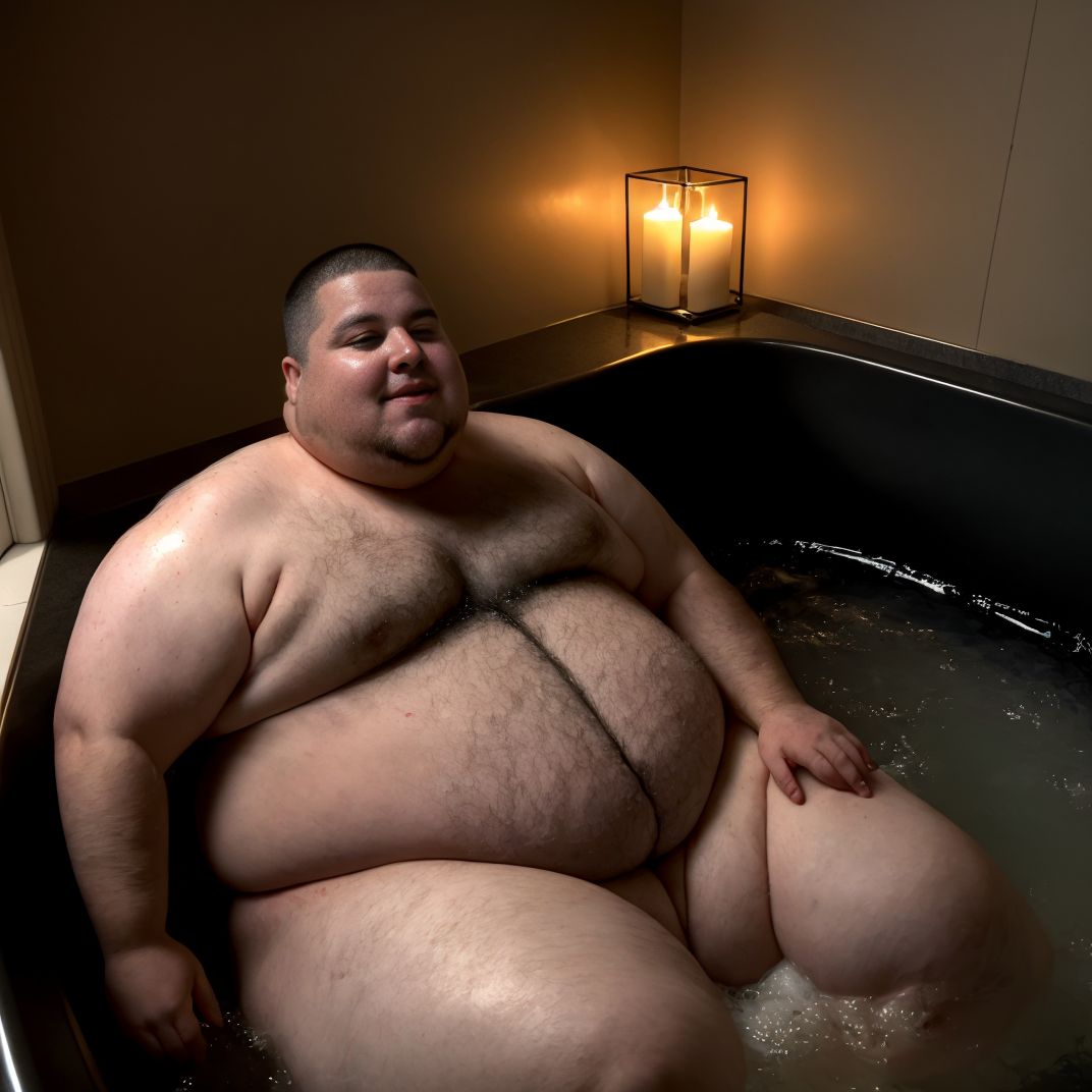 Hombre obeso en bañera llena de mantequilla derretida, bacon crujiente y albóndigas con salsa de tomate, rodeado de patatas fritas esparcidas en el suelo, piel sudorosa y brillante, expresión de placer, agua grasosa, ambiente sensual y decadente.