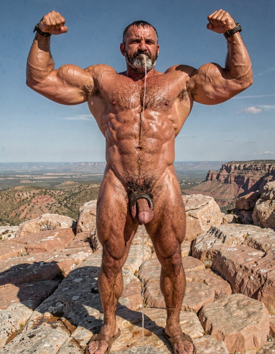 A hyper-masculine ancient Zapotec warrior named Cocijo, 26 years old, standing perfectly still under the brutal midday sun on the rocky summit of Cerro La Cantera in San Pablo Huitzo, Oaxaca, 600 AD. Completely naked except for worn leather strip sandals. Square jaw clenched, thick veiny neck, bronze skin drenched in sweat. Extremely powerful and fully flexed physique: massive square pectorals tensed to the maximum, thick dark wet chest hair matted against the hard muscle, large erect nipples. Deeply carved eight-pack abs glistening with sweat, thick black treasure trail running down to a dense dark pubic bush. Enormous arms raised and flexed hard overhead, biceps bulging like cannonballs with thick veins, triceps perfectly defined and tensed like horseshoes. Thick hairy thighs locked in full tension. His massive 35cm cock is rock-hard and throbbing violently, held tightly at the very base by Gayon Von Neumann’s strong hand, the swollen head continuously leaking thick white precum that runs down the shaft and over the fingers. A thick black leather cock ring is locked brutally tight at the root, behind his heavy balls, making the entire package look painfully swollen, darker and pulsing non-stop. Cocijo stares straight up with total obedience, every muscle in his body still tensed and displayed for inspection. Raw, dominant, extremely virile ancient masculine atmosphere, dramatic sunlight casting strong shadows on every ridge of muscle, hyper-realistic and extremely detailed.