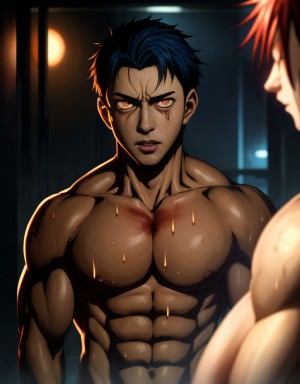 Hombre desnudo, aterrado, con ojos desorbitados, inspirado en el Expediente Warren, estilo paranormal, oscuridad, sombras, atmósfera de miedo, sudor en la piel, musculatura tensa, fondo difuminado, iluminación tenue, reflejos de terror en su rostro.