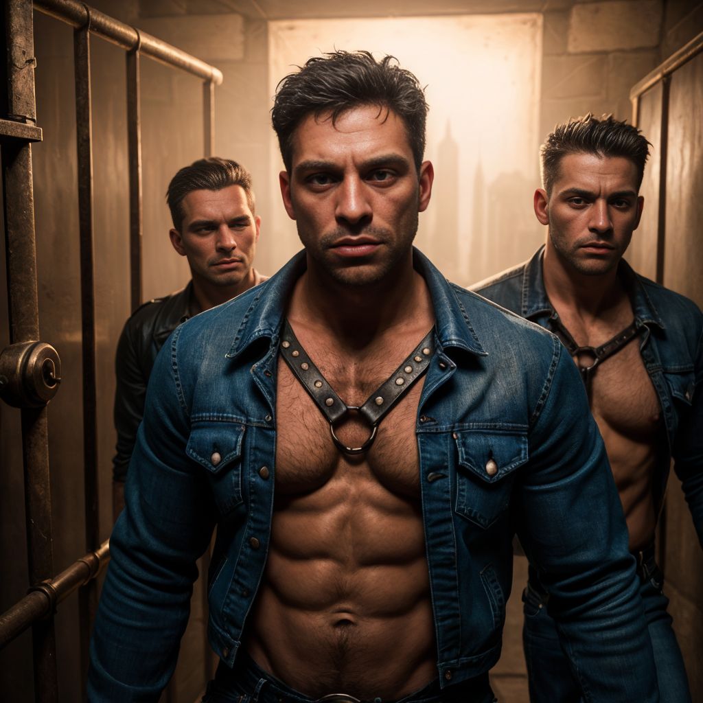 Dos hombres de 30 años, con chaquetas de denim desgastadas y arneses de cuero gastados, en una celda de mazmorra oscura y vibrante, con expresiones de desafío y cansancio, posados dinámicamente, con colores intensos y líneas exageradas, inspirado en Lichtenstein y Basquiat.