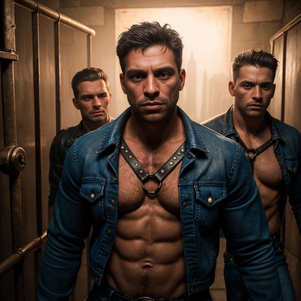 Dos hombres de 30 años, con chaquetas de denim desgastadas y arneses de cuero gastados, en una celda de mazmorra oscura y vibrante, con expresiones de desafío y cansancio, posados dinámicamente, con colores intensos y líneas exageradas, inspirado en Lichtenstein y Basquiat.