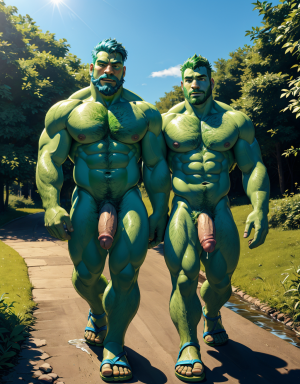 (Hombre 1 de color verde, desnudo, musculoso, tiene pene verde, tiene testículos verdes, tiene mucho vello, tiene pelo verde, tiene barba verde, tiene sandalias verdes, tiene pezones grandes largos y puntiagudos). (Hombre 2 azul, desnudo, musculoso azul, tiene pene color azul, tiene testículos color azul, tiene sandalias azules, tiene mucho vello, tiene pelo azul largo ondulado azul, tiene pezones grandes largos y puntiagudos). Los dos están andando por un camino en el campo. Tienen chorro de líquido blanco en sus pezones.