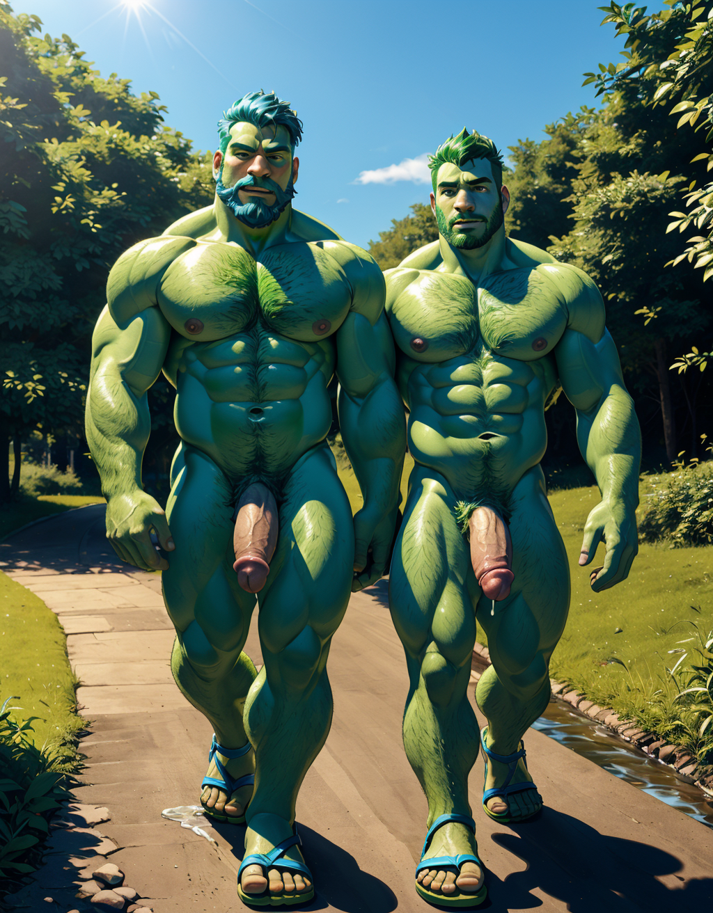 (Hombre 1 de color verde, desnudo, musculoso, tiene pene verde, tiene testículos verdes, tiene mucho vello, tiene pelo verde, tiene barba verde, tiene sandalias verdes, tiene pezones grandes largos y puntiagudos). (Hombre 2 azul, desnudo, musculoso azul, tiene pene color azul, tiene testículos color azul, tiene sandalias azules, tiene mucho vello, tiene pelo azul largo ondulado azul, tiene pezones grandes largos y puntiagudos). Los dos están andando por un camino en el campo. Tienen chorro de líquido blanco en sus pezones.