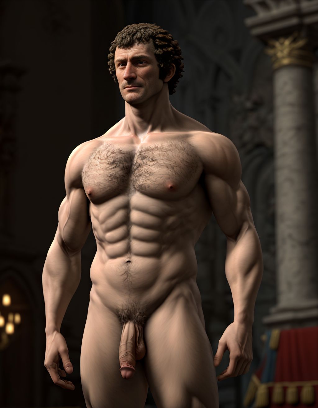 Napoleón Bonaparte desnudo. Tiene el pecho velludo y brazos velludos. Está de pie. Está totalmente desnudo musculoso. Tiene pene grande erecto. Tiene testículos grandes. Tiene mucho vello y pelo. Foto muy realista texturas 8k. Está rodeado de cañones de la época napoleónica.