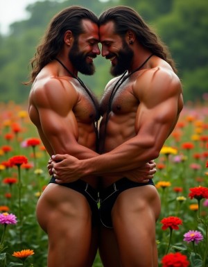 Dos guerreros musculosos delgados y altos, cuerpo completamente desnudo y velludo, mostrando polla venosa de 35 cm de longitud y 7 cm de grosor. Tienen la piel bronceada por el Sol, con pelo muy largo y barba. Tiene sandalias negras en sus pies fuertes. Están contentos. Tienen músculos marcados definidos y sin nada de grasa. Tienen aspecto muy viril. Tienen cuerpo muy delgado pero con los músculos marcados y muy definidos. Están tensos haciendo fuerza para mostrar sus músculos marcados. Uno de los guerreros está detrás del otro abrazándole la cintura por la espalda. Juntan el pene del que está detrás con el culo del que está delante. Tienen sus penes erectos y están a la vista del espectador. Por sus penes erectos. Fondo de muchas flores de todos los colores en las que se ven los reflejos de las sombras de los cuerpos. 