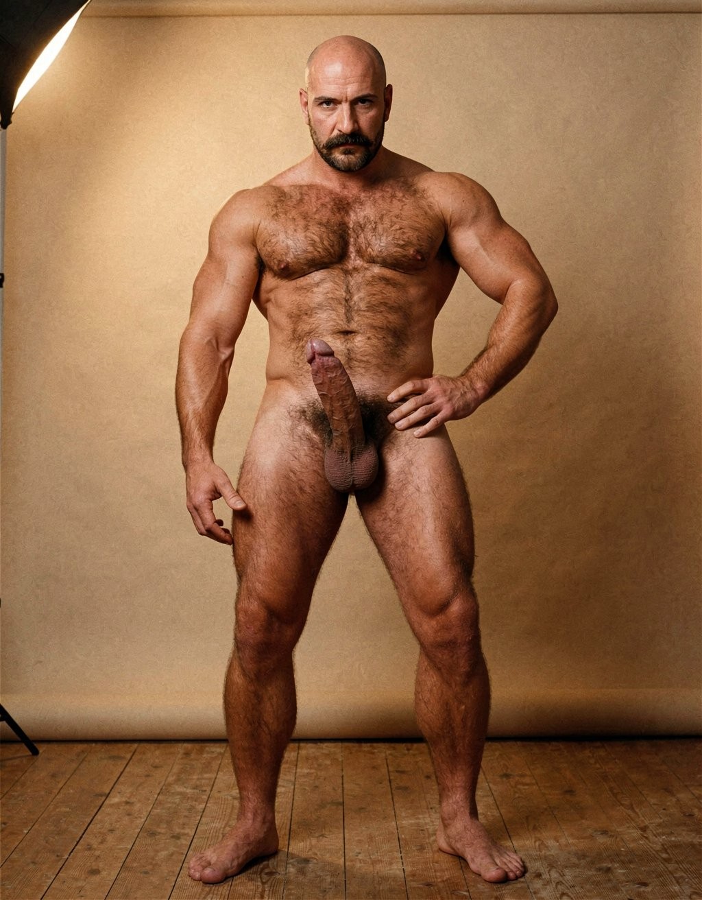 Naked man with a very muscular build posing standing in a photography studio, in a frontal posture, legs apart and one hand resting on his hip while staring at the camera with a serious expression. He has a shaved head, dark beard, abundant chest hair, defined abdomen, very developed arms and thighs, and the penis visible in the center of the body. The background is beige portrait paper with warm lighting, a softbox partially visible on the left and a wooden floor, creating a composition of artistic male nude photography, physical strength and athletic pose.