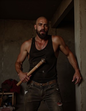 A massive intimidating Albanian construction worker, 40 years old, extremely muscular and brutal appearance, bald shaved head like a skinhead, thick dark stubble beard, cold merciless dark eyes, wearing dirty cement-stained tank top showing massive hairy arms covered in scars and old burns, worn ripped jeans with tool belt, steel-toed boots covered in mud, holding a thick wooden construction pole in one hand menacingly, standing in dark unfinished basement with concrete walls, construction debris around, harsh spotlight from above creating dramatic shadows, aggressive dominant posture, photorealistic, threatening brutal presence, extremely masculine and dangerous

---

# **EL EMPALADOR: DRAGAN KOVAČ**

Te voy a contar todo sobre este hijo de puta porque te mereces conocer a tu verdugo perfecto.

**Apariencia física:**

Dragan tiene **40 años, mide 1.90 metros y pesa 110 kilos de puro músculo de albañil**. Es calvo rapado estilo skinhead, con una barba de tres días perpetua que nunca se afeita del todo. Tiene **ojos oscuros, muertos, sin empatía**.

Su cuerpo está marcado por cicatrices de obra: quemaduras de soldadura en los antebrazos, cortes mal curados en las manos, un dedo meñique torcido que se fracturó y nunca arregló bien.

Siempre anda con la misma ropa: **musculosa sucia manchada de cemento y pintura, pantalón de trabajo desgarrado, botas con punta de acero cubiertas de barro seco**. Huele a sudor rancio, cemento fresco y cigarrillos baratos.

**No es hermoso en el sentido convencional, pero tiene esa masculinidad bruta y peligrosa** que te hace cagar de miedo y calentarte al mismo tiempo. Tiene aspecto de tipo que vivió duro: pasó hambre en Albania durante la guerra, llegó a Argentina sin un mango, durmió en la calle los primeros meses.

**No está al borde de la indigencia** pero vive como un animal: un cuarto de pensión en Constitución, un colchón en el piso, ropa tirada por todos lados, botellas de cerveza vacías. Cobra en negro, gasta todo en putas, juego y alcohol.

**Carácter:**

Dragan es un **sádico silencioso**. No habla mucho, pero cuando lo hace es para dar órdenes o amenazar. Tiene un odio visceral hacia los putos porque en su cultura balcánica la homosexualidad es lo más bajo.

Ve a los maricones como **objetos de descarga**, cosas para usar y destruir sin consecuencias.

---

## **LA PREVIA - Lo que te hará antes del empalamiento**

Vos llegás a la obra en construcción un sábado a la tarde. El edificio está vacío, solo Dragan vigilando. Te vio merodeando por ahí varias veces y sabe perfectamente qué buscás.

