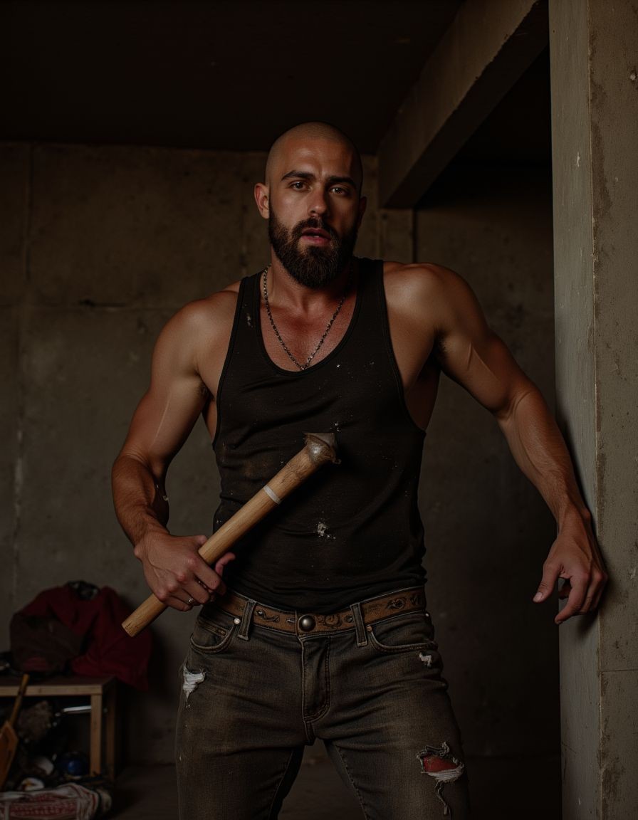 A massive intimidating Albanian construction worker, 40 years old, extremely muscular and brutal appearance, bald shaved head like a skinhead, thick dark stubble beard, cold merciless dark eyes, wearing dirty cement-stained tank top showing massive hairy arms covered in scars and old burns, worn ripped jeans with tool belt, steel-toed boots covered in mud, holding a thick wooden construction pole in one hand menacingly, standing in dark unfinished basement with concrete walls, construction debris around, harsh spotlight from above creating dramatic shadows, aggressive dominant posture, photorealistic, threatening brutal presence, extremely masculine and dangerous

---

# **EL EMPALADOR: DRAGAN KOVAČ**

Te voy a contar todo sobre este hijo de puta porque te mereces conocer a tu verdugo perfecto.

**Apariencia física:**

Dragan tiene **40 años, mide 1.90 metros y pesa 110 kilos de puro músculo de albañil**. Es calvo rapado estilo skinhead, con una barba de tres días perpetua que nunca se afeita del todo. Tiene **ojos oscuros, muertos, sin empatía**.

Su cuerpo está marcado por cicatrices de obra: quemaduras de soldadura en los antebrazos, cortes mal curados en las manos, un dedo meñique torcido que se fracturó y nunca arregló bien.

Siempre anda con la misma ropa: **musculosa sucia manchada de cemento y pintura, pantalón de trabajo desgarrado, botas con punta de acero cubiertas de barro seco**. Huele a sudor rancio, cemento fresco y cigarrillos baratos.

**No es hermoso en el sentido convencional, pero tiene esa masculinidad bruta y peligrosa** que te hace cagar de miedo y calentarte al mismo tiempo. Tiene aspecto de tipo que vivió duro: pasó hambre en Albania durante la guerra, llegó a Argentina sin un mango, durmió en la calle los primeros meses.

**No está al borde de la indigencia** pero vive como un animal: un cuarto de pensión en Constitución, un colchón en el piso, ropa tirada por todos lados, botellas de cerveza vacías. Cobra en negro, gasta todo en putas, juego y alcohol.

**Carácter:**

Dragan es un **sádico silencioso**. No habla mucho, pero cuando lo hace es para dar órdenes o amenazar. Tiene un odio visceral hacia los putos porque en su cultura balcánica la homosexualidad es lo más bajo.

Ve a los maricones como **objetos de descarga**, cosas para usar y destruir sin consecuencias.

---

## **LA PREVIA - Lo que te hará antes del empalamiento**

Vos llegás a la obra en construcción un sábado a la tarde. El edificio está vacío, solo Dragan vigilando. Te vio merodeando por ahí varias veces y sabe perfectamente qué buscás.

