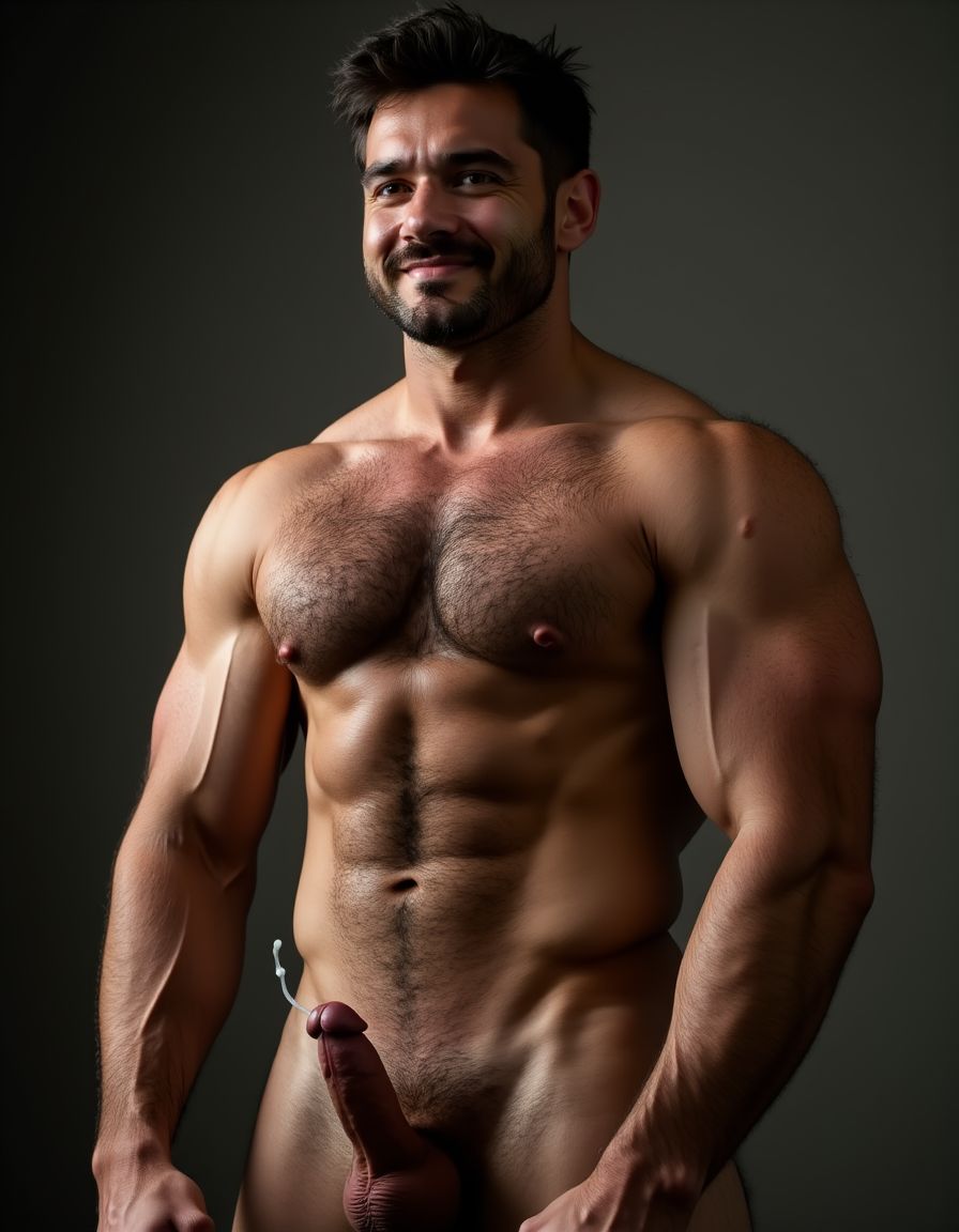 hoyuelo en barbilla, mentón hendido, el mentón está limpio y bien afeitado, NO BARBA y NO BIGOTE, de una cara masculina de un hombre muy viril y musculoso y guapo y sexi de 40 años que tiene mandíbula fuerte y cuadrada, destacando una fisura vertical marcada en el centro del mentón que es el hoyuelo. La cara es de un hombre español musculoso culturista, torso desnudo, constitución corporal extremadamente desarrollada escultural, boca cerrada en sonrisa torcida arrogante burlona, labios carnosos, ojos verdes claro profundos con mirada penetrante directa a cámara cargada de cinismo y dominancia, cejas pobladas densas, cabello denso despeinado hacia atrás en copete desordenado con mechones rebeldes cayendo sobre frente y sienes mostrando textura natural sin producto, cuello musculoso con nuez prominente visible, trapecios enormes elevados como montañas a ambos lados del cuello, pecho descomunal con pectorales gigantescos separados con hendidura profunda central cada fibra muscular visible bajo piel bronceada cubiertos completamente por alfombra densa de vello negro formando manto tupido salvaje sobre toda la superficie con pezones oscuros erectos asomando entre pelaje espeso, abdomen perfectamente esculpido en tableta de ocho secciones profundas con sombras dramáticas entre cada músculo, oblicuos cortados laterales, línea de vello negro denso descendiendo desde centro del pecho entre pectorales por esternón sobre cada abdominal hasta ombligo donde se ensancha formando trail oscuro salvaje continuando descendiendo, brazos con bíceps de gran tamaño con cabezas musculares divididas y venas gruesas azules serpenteando por toda superficie, tríceps marcados en herradura, deltoides esféricos estriados, antebrazos masivos cubiertos de vello negro denso con venas prominentes bajando hasta muñecas, dorsales anchos como alas creando V invertida brutal, piel clara ligeramente bronceada con poros visibles micro imperfecciones naturales lunares y marcas sutiles, vello corporal negro abundante cubriendo completamente pecho abdomen brazos antebrazos cuello en densidad natural masculina sin recortar, iluminación natural lateral dramática creando sombras duras acentuando cada músculo, fondo neutro desenfocado, estilo fotografía editorial cruda realista, grano fotográfico sutil, colores naturales intensos saturados. Está totalmente desnudo. Tiene un  pene erecto enorme de 35 centímetros de largo y muy grueso apuntando hacia arriba entre su cuerpo, venas gruesas pulsantes marcadas recorriendo todo el tronco de su pene, glande hinchado enorme brillante de color rojo púrpura, testículos extremadamente grandes gordos y pesados colgando muy abajo descolgados entre las piernas con piel arrugada tensa bajo el peso, el pene eyaculando activamente múltiples chorros gruesos abundantes de semen blanco espeso disparándose de la punta con fuerza, semen resbalando copiosamente por el glande y tronco formando hilos blancos espesos, gotas gruesas de semen cayendo entre su cuerpo. Tiene anillo de plata en el dedo hallux (primer dedo del pie) de sus pies. Crea imagen del personaje descrito de cuerpo entero desde los dedos de sus pies hasta su cabeza, todo el cuerpo desnudo a la vista de la cámara. Tiene sandalias en sus pies. Fotografía hiperrealista de ultra alta definición 8K plano lateral del cuerpo completo.
