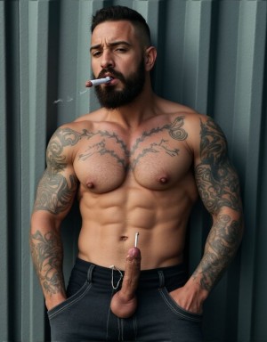 Macho maduro hiper masculino, musculoso, con grandes tatuajes, está fumando a un cigarrillo, tiene grandes pezones,  tiene el pene erecto y se ha introducido una cánula metálica por la uretra. Se halla delante de un contenedor