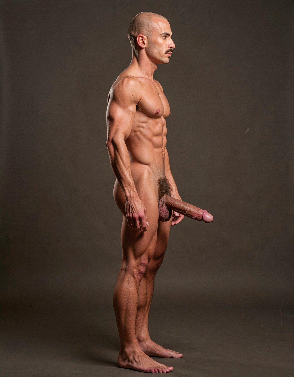Mike Morris, a 32-year-old extremely lean Caucasian male with only 8% body fat, stands completely naked in a rigid military attention pose captured in a full-body exact side profile at 90 degrees from his right side. The shot runs uninterrupted from the tips of his size 44 slightly hairy feet all the way up to the top of his bald head, showing his entire body without any cropping whatsoever. His physique is dry, highly vascular and powerfully defined: massive square pectorals seen in perfect side silhouette, dense dark brown chest hair forming a thick T-pattern that continues across his shoulders and back, sharply carved six-pack abs in clear profile, narrow waist, wide flaring lats, powerful thighs and diamond-shaped calves covered in the same dark hair. Dramatic directional studio lighting falls from high and slightly in front of him, creating strong rim lighting that traces every sharp edge of his muscular outline, accentuating the texture of his dense dark body hair on chest, shoulders, lower back, ass and legs, while producing deep shadows that highlight every muscle separation, vein and the extreme dryness of his 8% body fat. His advanced Norwood III-IV bald scalp is clearly visible under the light, with very short dense dark brown hair only on the sides and back of his head. His square, angular face is shown in pure right profile: strong jawline, prominent chin with slight central dimple, thick well-groomed dark handlebar mustache, heavy brow and intense deep-set brown eye staring straight forward with a serious, commanding expression. His penis is fully and clearly visible in perfect side view, completely natural and anatomically correct: thick, 24 cm long when fully erect, with a natural slight upward curve, prominent dorsal veins running along the shaft, long foreskin that partially covers the pink-red glans, and noticeably lighter skin tone than the rest of his bronzed body. Below it hang his large, low-hanging testicles with wrinkled darker skin and an extremely dense, curly dark brown pubic bush that climbs almost to his navel and surrounds the base of his cock and balls generously. Every detail from his veined hands and forearms to his muscular ass, hamstrings, diamond calves and hairy toes is perfectly proportioned and free of any deformation. Photorealistic, high-contrast, masculine 1970s Colt Studio aesthetic with subtle grainy film texture.