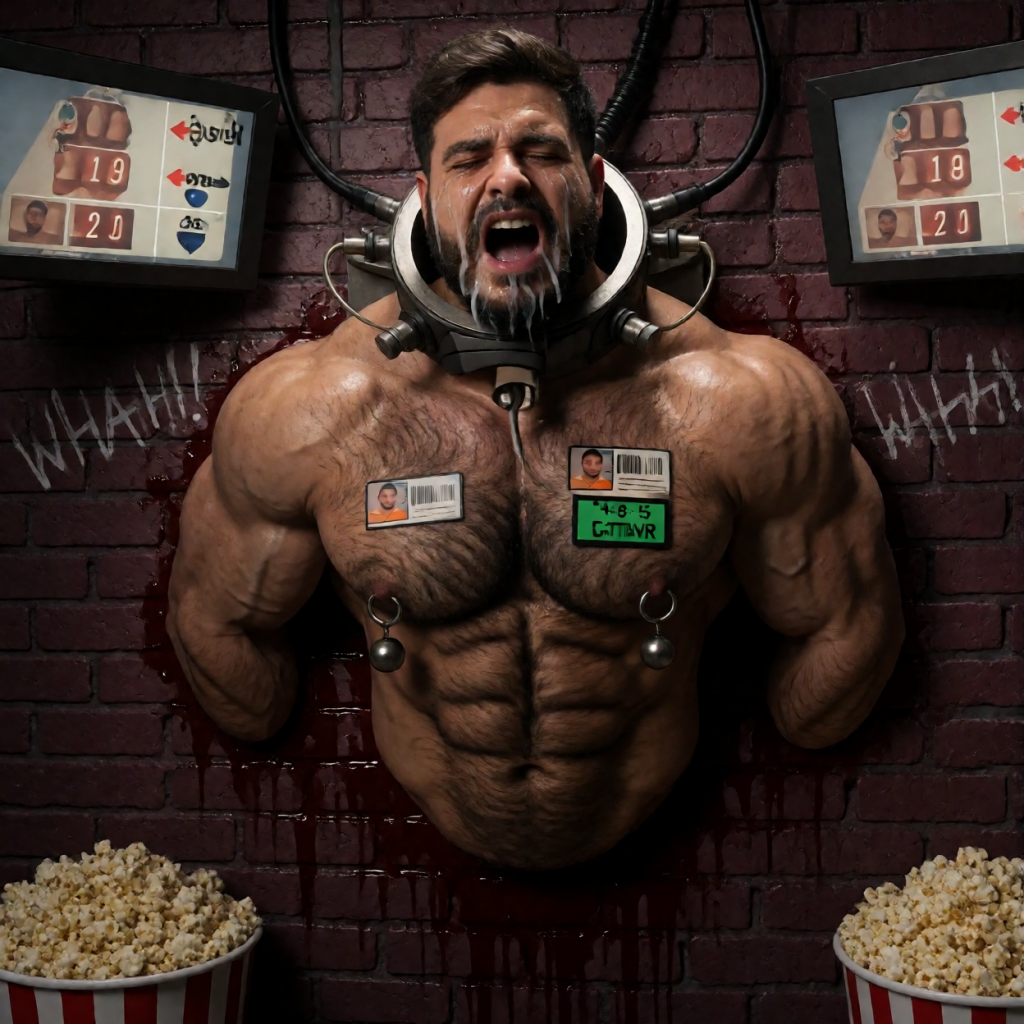 An extremely muscular man appears immobilized against a dark brick wall, with his arms held behind his back and a heavy metal collar connected to black tubes around his neck and head, as in a torture or industrial experiment scene. His mouth is open in a scream, his face contorted and saliva dripping down his chin, while jets of blood stain the wall and run down from his torso. On his bare chest he wears identification tags and electrodes with small metal spheres. On both sides there are screens with graphs and numbers, and at the bottom are buckets full of popcorn, creating a disturbing contrast between spectacle, violence, and horror movie aesthetics.