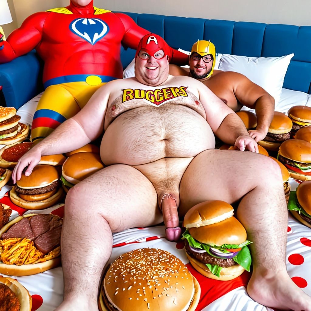 Orgy of a fat sipederman in a bed full of burgers and pizza,  visible penis