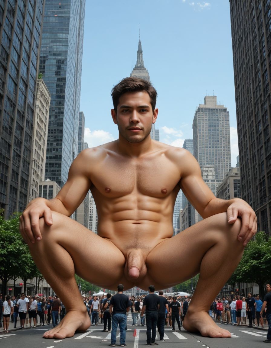 Giant man. The image is a high-resolution photograph taken in New York City, featuring a giant man in his mid-30s, he is completely nude. He is positioned in a dramatic, low-angle perspective, giving the illusion that he is towering over the city. He sits on a street, with his legs spread wide, hands resting on his knees, and a contemplative expression on his face. 

The background showcases a bustling urban landscape with towering skyscrapers, including the iconic Empire State Building and other recognizable New York landmarks.