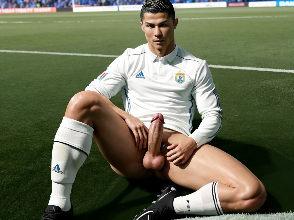cristiano ronaldo, serio, sentado, en campo de futbol,masturbandose su enorme pene de 30 centimetros y gruesa