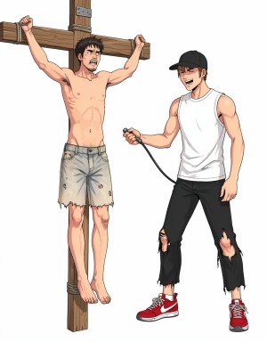Hombre amarrado en una cruz de madera de piés y manos estiradas sin zapatos sin camisa y con pantalones cortos pero rotos con cara de sufrimiento y a lado de el un hombre joven camisa blanca sin mangas tenis Nike Rojo gorra negra pantalón negro rasgado de las piernas con un látigo en la mano y con una expresión de burla 