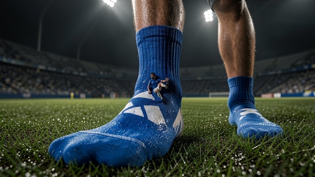 Un primer plano a ras de césped presenta unas piernas de futbolista con calcetines azules sobre un campo iluminado por focos de estadio, con las gradas desenfocadas al fondo y ambiente de partido nocturno. El pie izquierdo domina la escena, cubierto por un calcetín deportivo azul con detalles blancos y gotas de humedad, mientras sobre la zona del tobillo aparecen dos diminutos jugadores de fútbol en una composición surrealista, como si estuvieran disputando el balón o forcejeando sobre la tela. El césped artificial o natural brilla con pequeñas partículas, reforzando la sensación de intensidad, deporte, fútbol, estadio, competición y perspectiva macro cinematográfica.