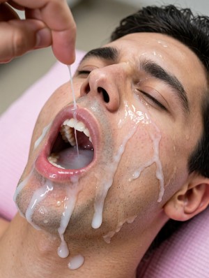 Un hombre tumbado sobre una superficie rosa aparece en primer plano con la boca abierta, los ojos entrecerrados y la cara cubierta de un líquido blanco y espeso que resbala por la nariz, los labios, las mejillas, la barbilla y el cuello. Una mano entra desde la parte superior sosteniendo entre los dedos un hilo viscoso del mismo fluido, dirigido hacia su boca, creando una escena íntima y explícita con enfoque cercano en el rostro, la piel húmeda, la textura pegajosa y las gotas brillantes. La composición destaca la expresión relajada, el vello facial corto, las cejas marcadas y el contraste entre el líquido blanco, la piel y el fondo suave.