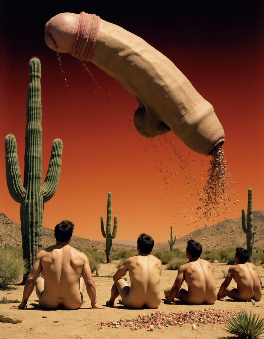 imagen surrealista con aspecto de un cuadro de Dalí, muestra un gran  un pene recto volando por el aire mientras que suelta una carga de semen, sobrevuela un desierto y en el fondo hay cactus y el cielo de color rojizo. en el suelo varios hombres musculosos y desnudos reciben la carga de semen del pene , los chicos están tumbados en el suelo