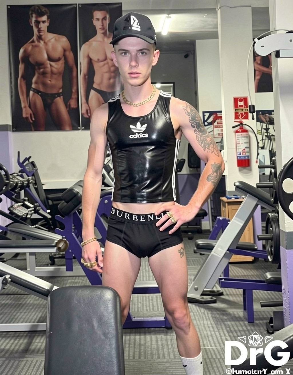 Un hombre joven posa de pie en un gimnasio, mirando directamente a la cámara con expresión seria, una mano apoyada en la cadera y la otra relajada junto al cuerpo. Lleva una gorra negra, cadena dorada, un top ajustado negro brillante de Adidas sin mangas y unos slips negros con la palabra “BURBERRY” en la cintura, además de calcetines blancos. Su cuerpo es delgado y definido, con tatuajes visibles en el brazo y la pierna. Alrededor aparecen máquinas de musculación, bancos, pesas y estructuras metálicas moradas, mientras al fondo destacan pósteres de modelos musculados en ropa interior, un extintor rojo y un espejo que refuerzan el ambiente de sala de entrenamiento.