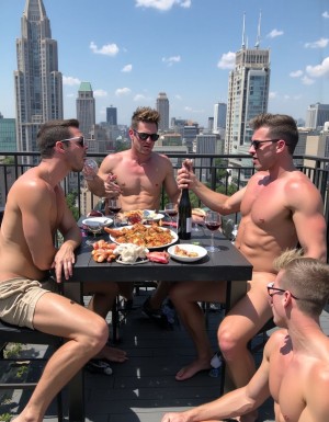 En la terraza de un ático lujoso con vistas impresionantes de Manhattan, 3 hombres de mediana edad, con torsos tonificados y bronceados, se sientan alrededor de una mesa de madera oscura, disfrutando de una deliciosa paella de arroz con mariscos. Sus pechos desnudos y musculosos brillan