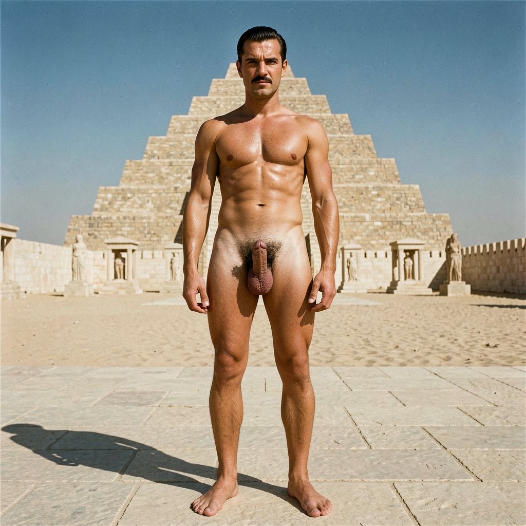 Full-body photograph of Errol Flynn, 30 years old, standing alone at the Step Pyramid complex in Saqqara, Egypt, 1938. Midday desert sun. Frontal camera angle capturing his entire naked figure from the soles of his bare feet on the hot limestone pavement up to the top of his head. Perfect full-body composition, zero deformations.

Athletic slender build, 1.86 m, 80 kg, lean and sinewy. Broad shoulders tapering to a narrow waist. Completely hairless smooth torso — no chest hair, no treasure trail, no abdominal hair. Clean-shaven face. Jet-black hair slicked back with brillantina, perfect side parting, immaculate. Strong jawline, thin well-trimmed mustache, confident arrogant expression. Fair skin tanned to a warm golden bronze, sweating under the desert heat.

His cock is perfectly rendered and fully visible: 20 cm (8 inches) uncircumcised with a long elegant foreskin partially retracted at the tip exposing the pink glans beneath. Large low-hanging testicles in a tight smooth scrotum. Semi-erect, hanging naturally and heavy, dense black pubic hair contrasting with his otherwise hairless torso.

In the background: the Step Pyramid of Djoser rises against a deep blue sky, six stepped terraces of yellowish limestone blocks, the white enclosure wall characteristically crenelated, dummy chapels and ritual altars in the courtyard, empty desert horizon, sand dust in the air. No other people.

Hyperrealistic photography, extreme detail on muscle definition, sweat, skin texture, cock anatomy, foreskin detail, limestone blocks, dramatic desert lighting, film grain 1930s, zero deformations.