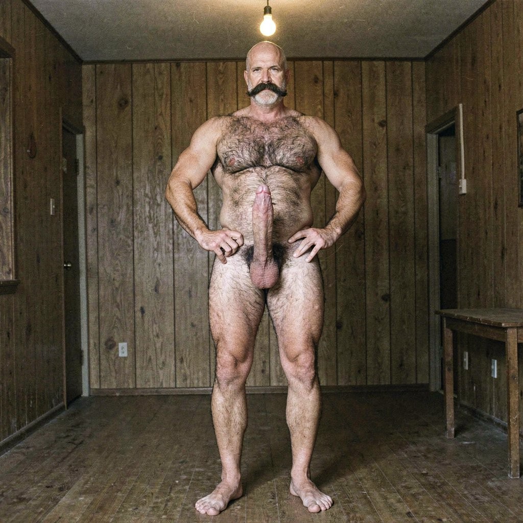 Mike Morris, a rugged 32-year-old man with advanced male pattern baldness and a thick dark brown handlebar mustache, stands in a dimly lit 1970s bedroom with wood-paneled walls and a single bare bulb hanging from the ceiling, completely naked, his athletic muscular body covered in dense dark brown chest hair trailing down his sternum and spreading across his abdomen. His fully erect penis rises thick and long, uncut, the rosy-pink glans partially revealed, heavy testicles hanging low beneath, veins prominent along the shaft. His bare feet rest flat on the worn wooden floor, one hand resting on his hip, the other gripping his thigh. Harsh overhead light creates deep shadows under his pectorals, along his abdominal ridges, and between his muscular thighs, the high-contrast lighting emphasizing his defined quadriceps and calf muscles, with film-grain texture and muted warm tones characteristic of classic Colt Studio photography.