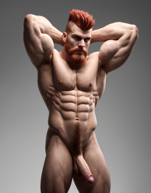 Hombre caucásico de 1,9 metros, 25 años, piel clara, cabello con corte mohicano rojizo lacio, barba incipiente, expresión de desprecio, vello corporal rojizo, sixpack visible, pene y testículos visibles, manos detrás de la cabeza, trapecios y deltoides marcados, fondo gris degradado. Músculos desarrollados, hombros prominentes, solo un pene visible, de pie. En la imagen se lo ve de pies a cabeza